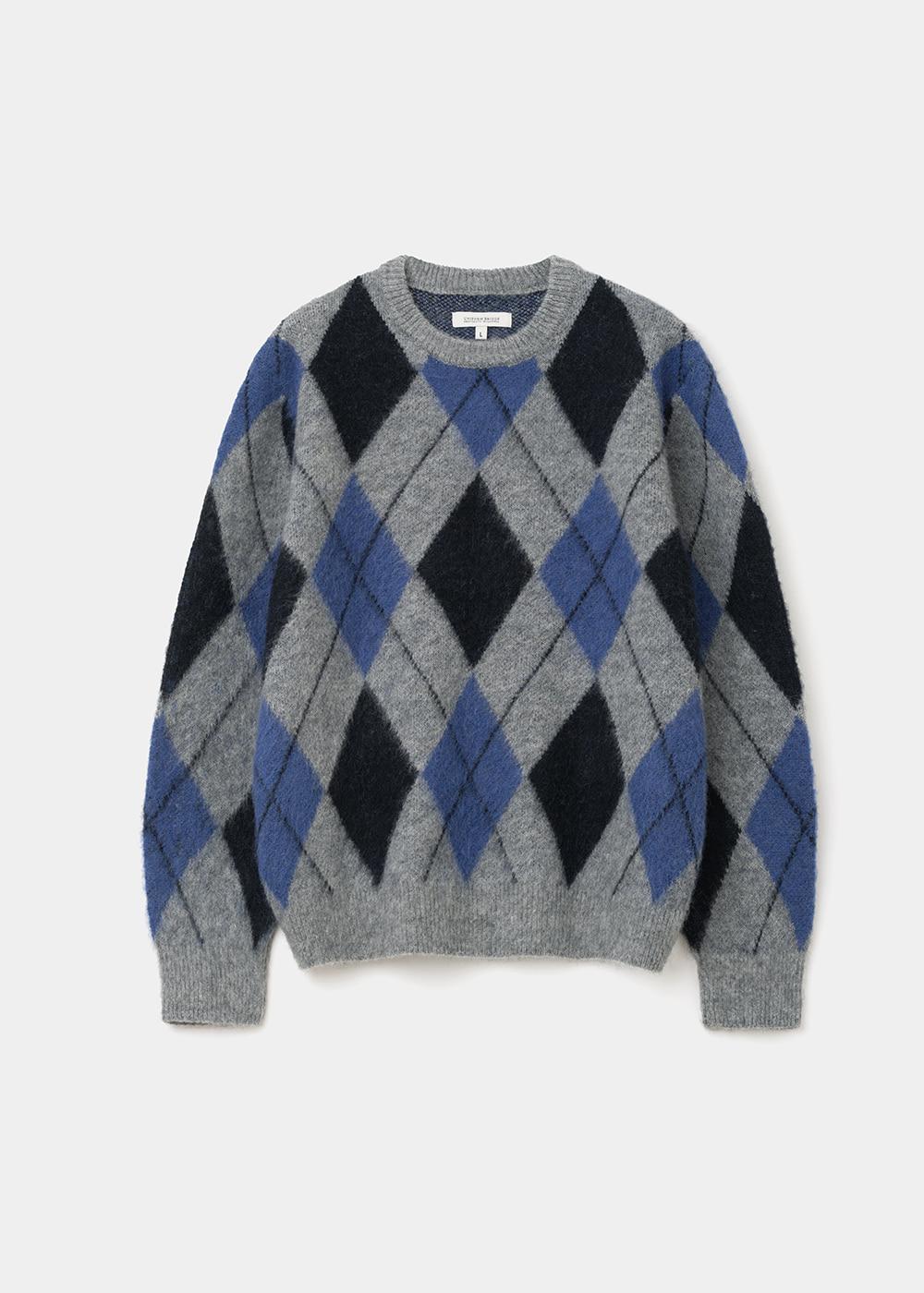 argyle brushed crew neck knit grey