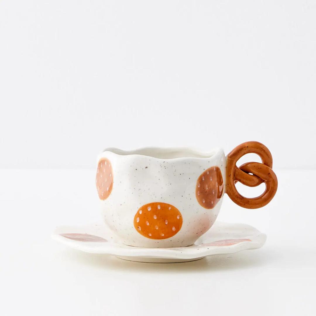 陶瓷咖啡杯和茶碟套装飞溅墨水手揉蝴蝶结手柄水杯