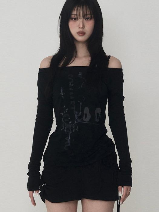Lettering Logo Boat Neck See-Through T-Shirt (black)