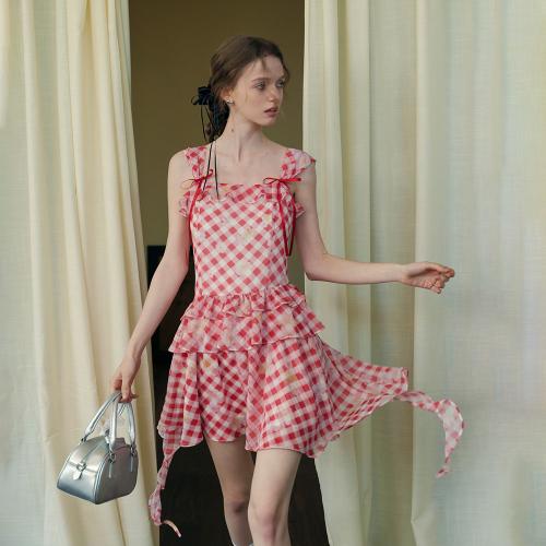 Cest_Flower plaid frill sleeveless dress