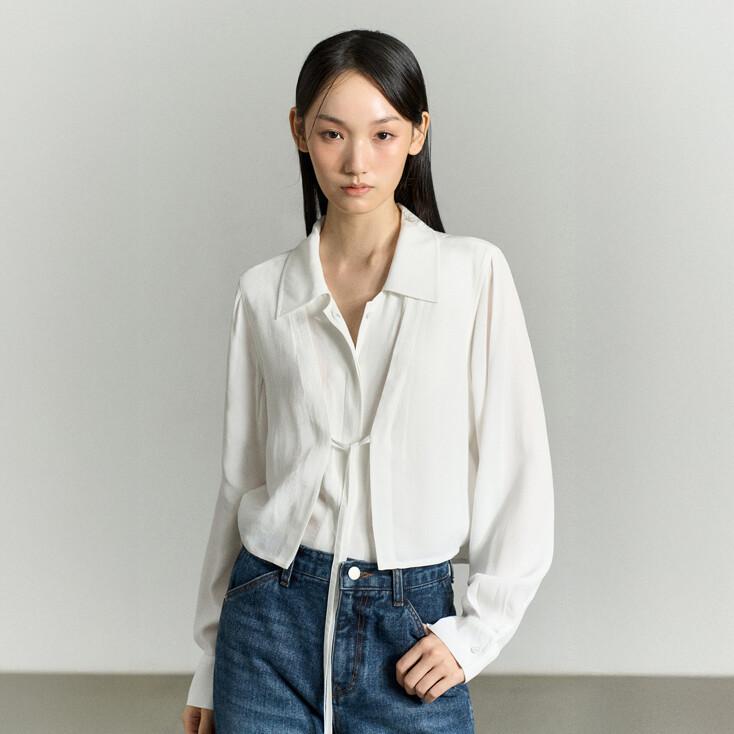 FRONT-TIE LAYERED SHIRT BLOUSE WHITE