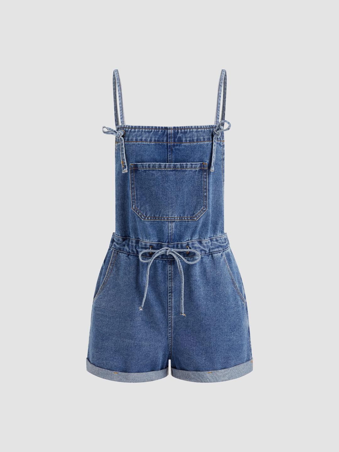 Denim Drawstring Knotted Roll Hem Romper
