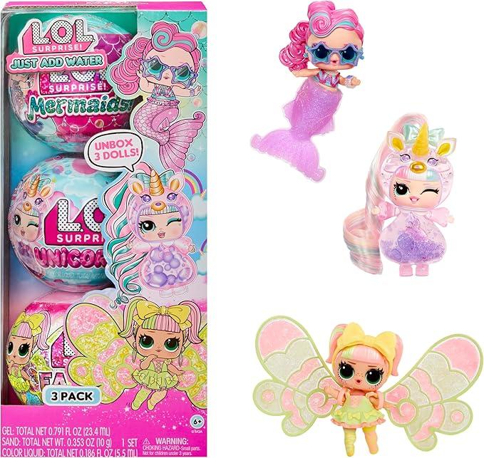LOL Surprise Tots Just Add Water 3-Pack with 3 Make-Your-Own Fantasy Dolls and 25+ Surprises to UNbox Including Mermaid, Fairy, and Unicorn Dolls and Magical Crafts – Great Gift for Kids Ages 4+