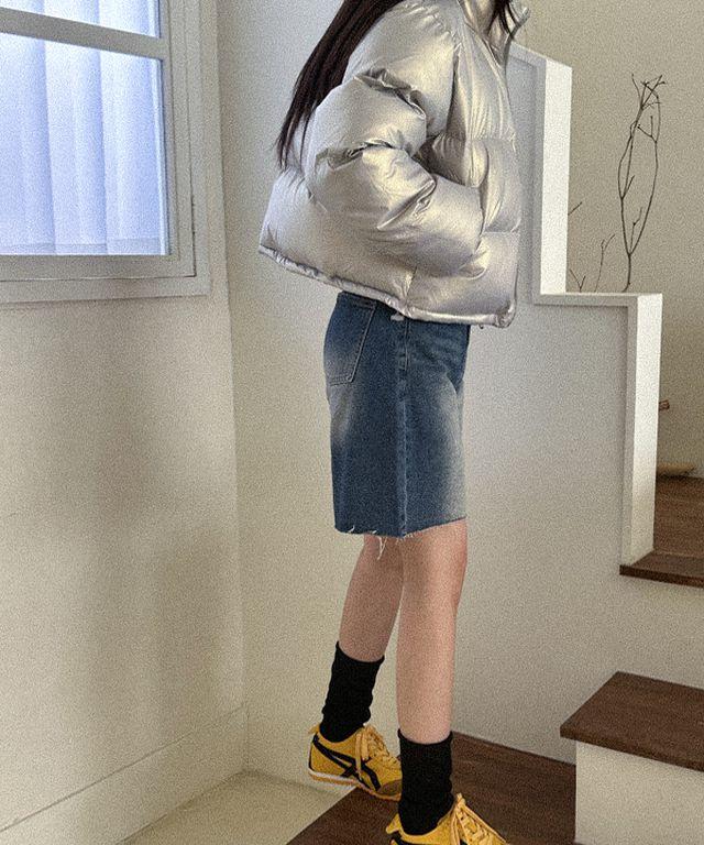 y2k 매트광 블록코어 힙무드 글로시 투웨이 집업 크롭 숏패딩_그린블로썸_2