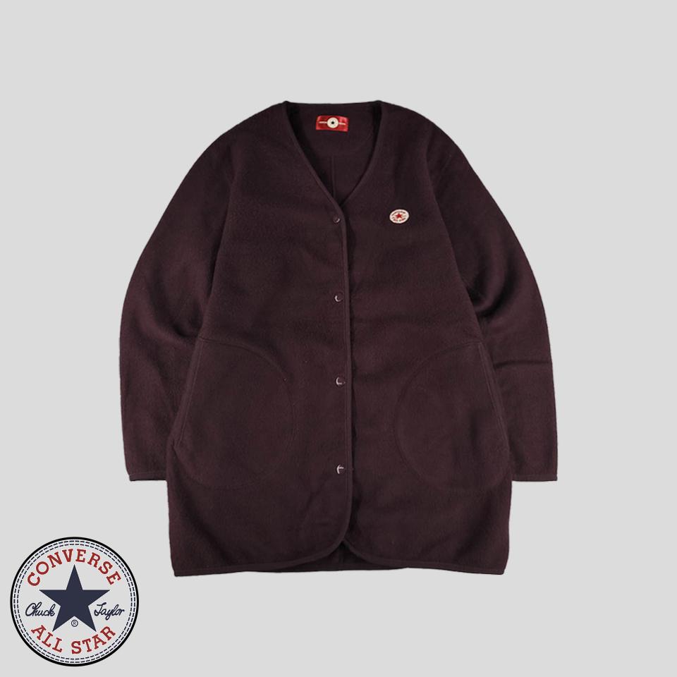 컨버스 JP 퍼플 와인색 원형패치로고 투포켓 논카라 스냅버튼 롱플리스 후리스 자켓 S