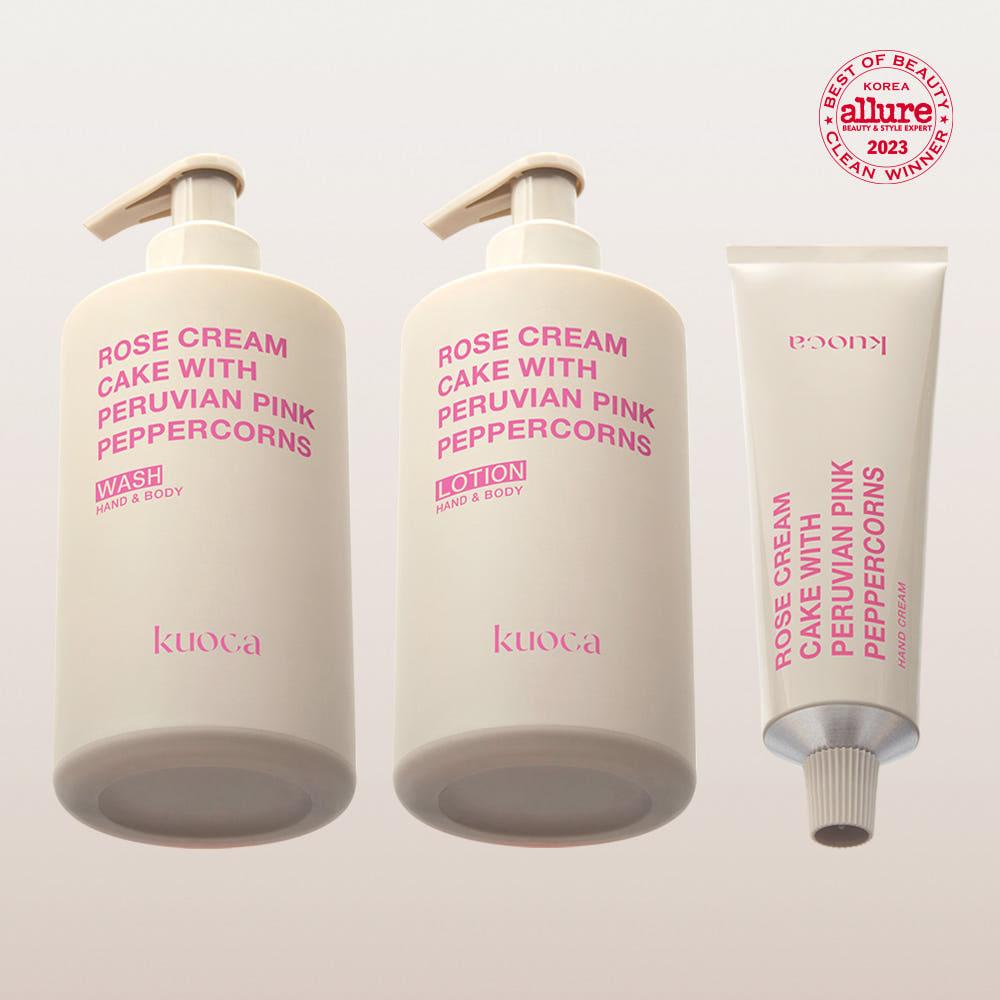 쿠오카 로즈케이크 핸드&바디 케어 3종 세트(바디워시300ml+바디로션300ml+핸드크림50ml)