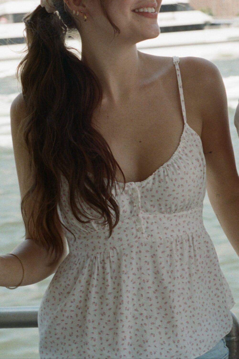 Tiffany Rosebud Tank - White with Rosebud / XS/S