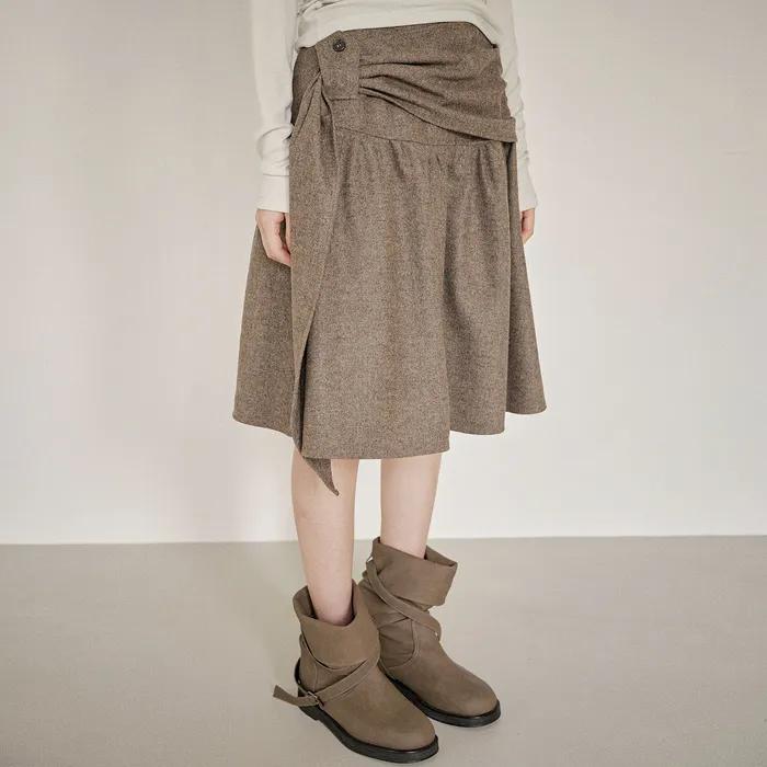 WOOL SHIRRING SKIRT [ BROWN ]