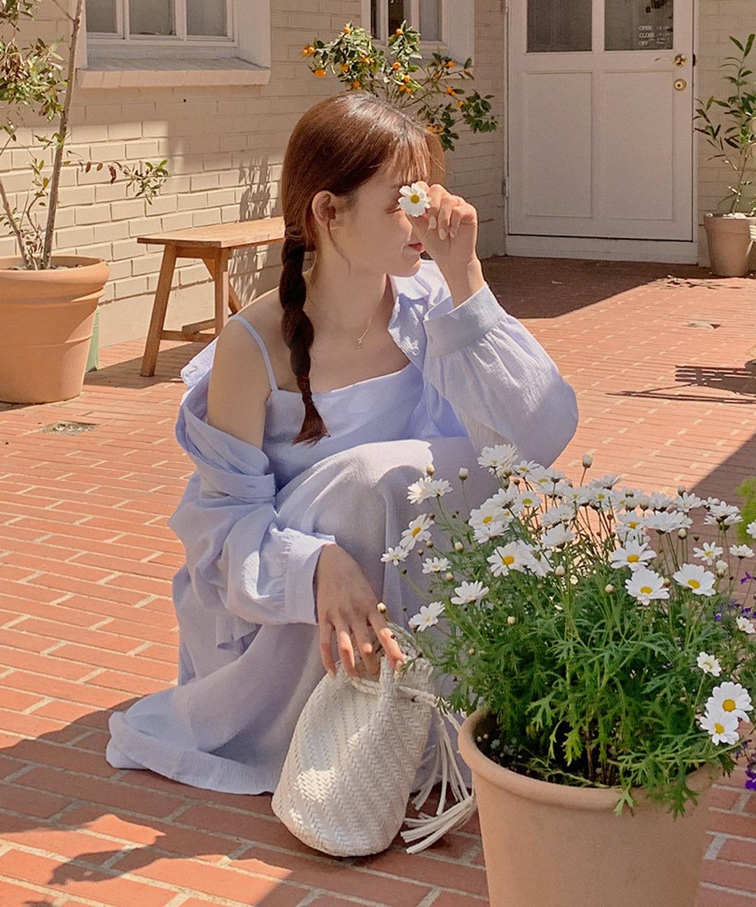 핫핑 [MADE] 어거스트 오버핏 셔츠+스모크밴딩 나시원피스set (44~110) (뷔스티에원피스-투피스세트-레이어드원피스-코튼원피스-롱원피스-빅사이즈-체형커버-바캉스룩-여름투피스)