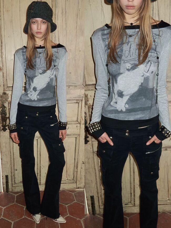 [1JINN STUDIO] Boat Neck Layered Print Long Sleeve Top