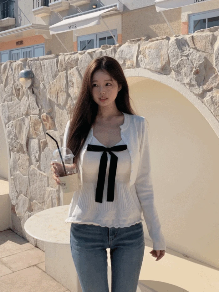 (봄신상🌸/허리잘록핏) 에브 배색 리본 프릴 니트 나시 가디건 세트 (2color)
