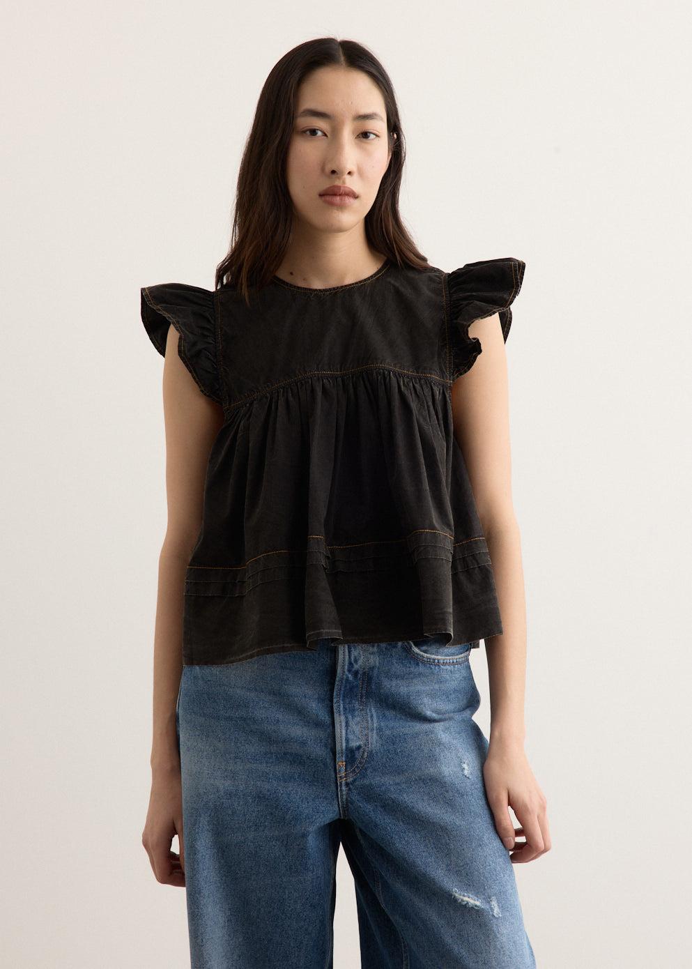 Garment Dyed Cotton Frill Sleeve Top - 099 Black / 32