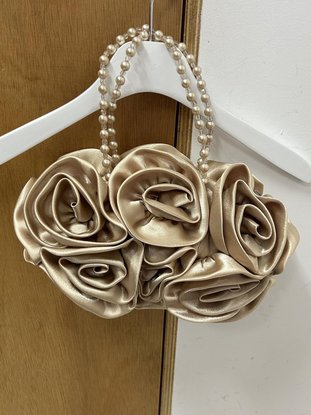 Pearl Handle Satin Tote with Floral Corsage