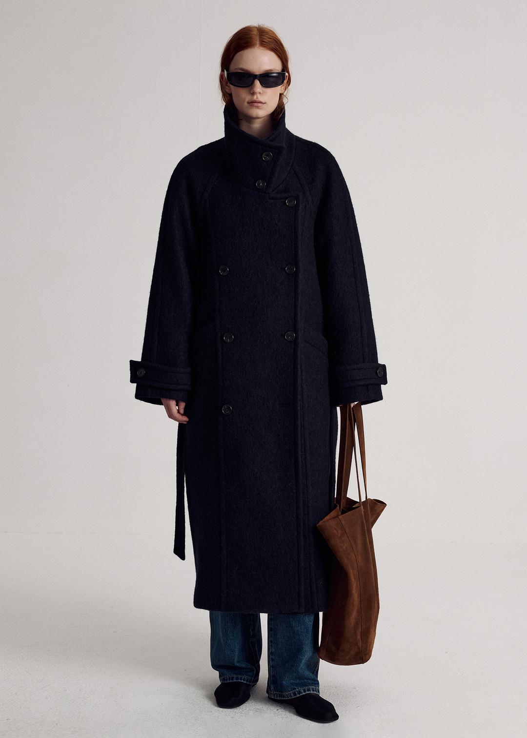 High-Neck Alpaca Double Coat, Navy