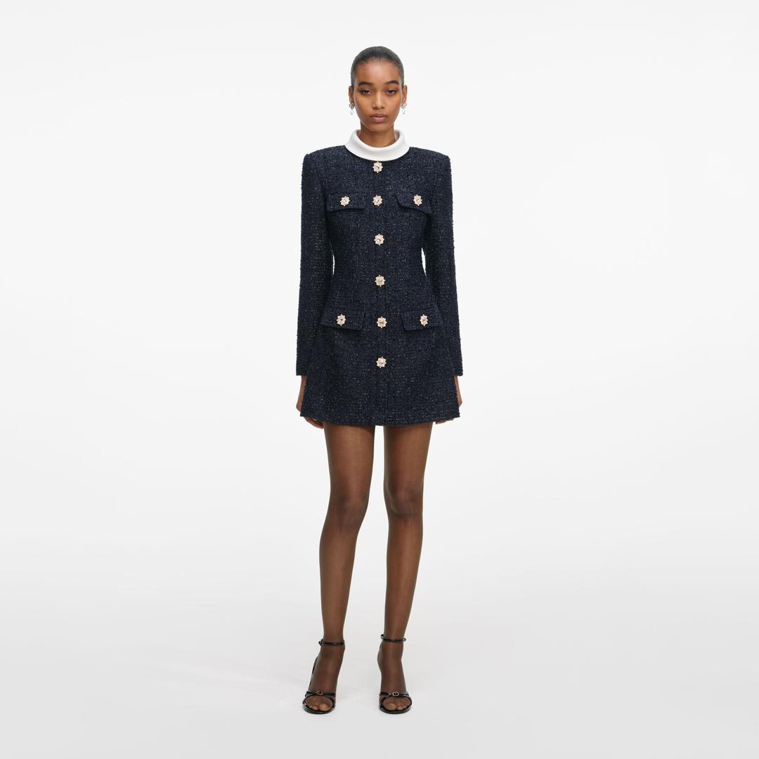 Navy Boucle Long Sleeve Mini Dress - UK 4