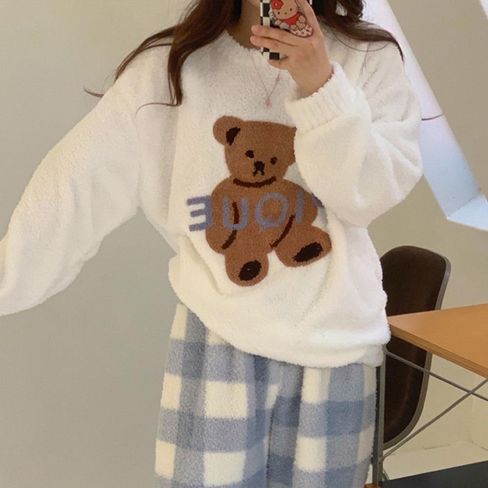 겨울 루니 체크베어 수면잠옷 극세사 세트 귀여운 겨울 연말 파티