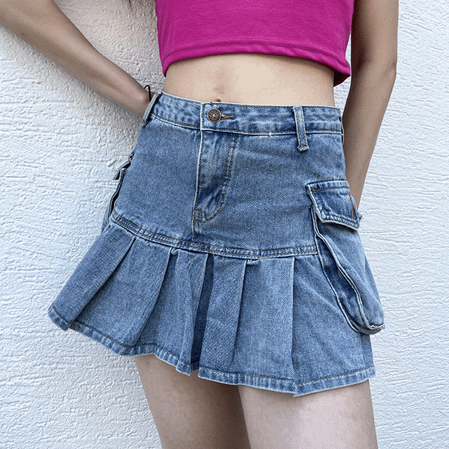 (자체제작/당일발송/2color) 하이틴 빈티지 워싱 카고 사이드 포켓 데님 플리츠 A라인 스커트
