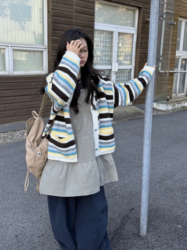 신시 레인보우 스트라이프 카라 헤비가디건