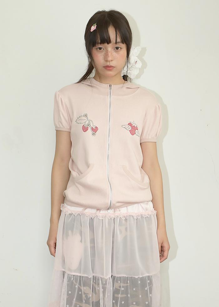 EMBROIDERED BERRY PUFF HOODIE PINK