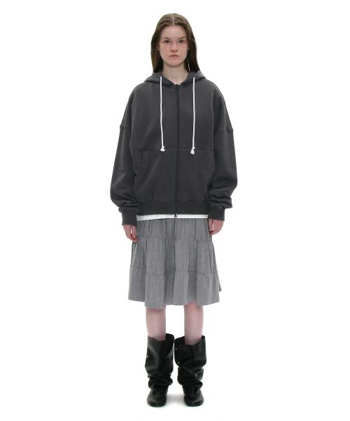 PWC 저지 셔링 티어드 미디 스커트_멜란지