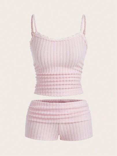 SHEIN EZwear 2개 여성 여름 캐주얼 솔리드 컬러 스파게티 스트랩 반바지 세트