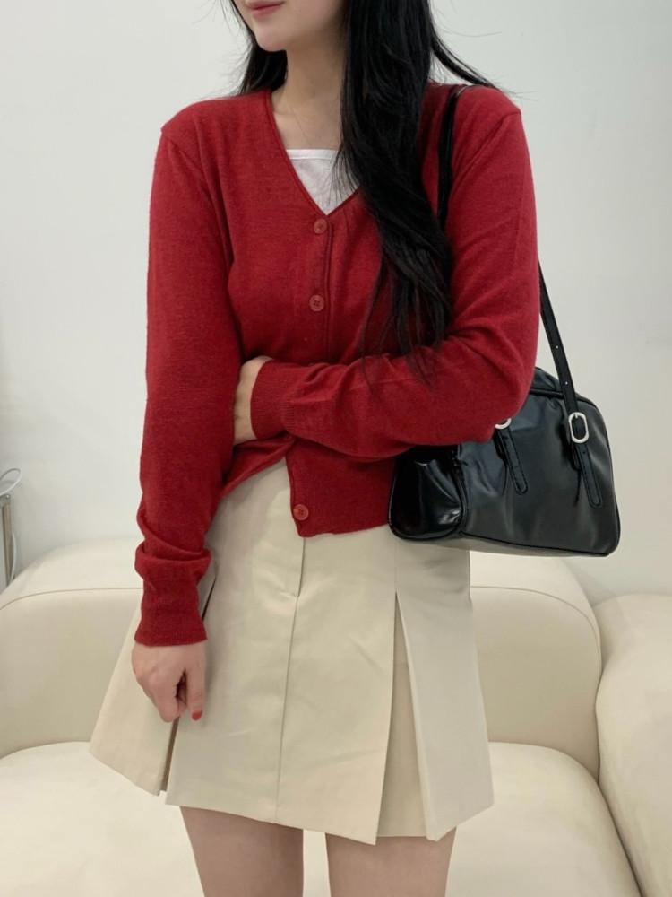 컬리 심플 브이넥 가디건(브릭레드)