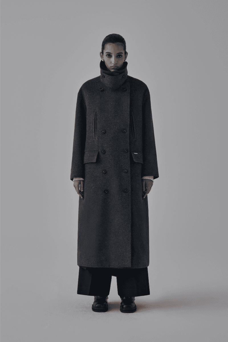 High Neck Double Button Wool Long Coat [ Charcoal ]