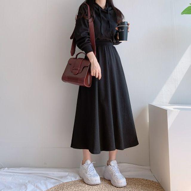 [당일발송/3만장판매/후기극찬/교복템] 잘록 몸매 후드 롱 원피스 스타일리시 허리밴딩