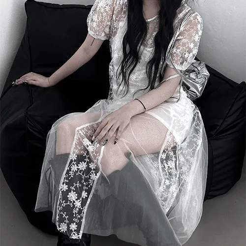 see-through lace white long one-piece