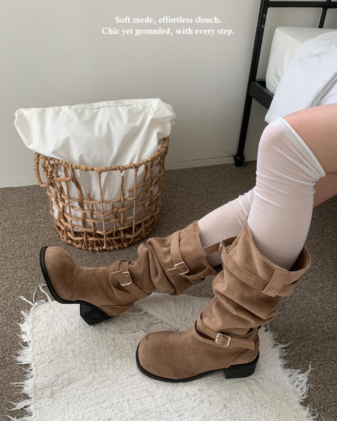 Rustle 더블 벨트 소프트 루즈 스웨이드 롱부츠 (2color)