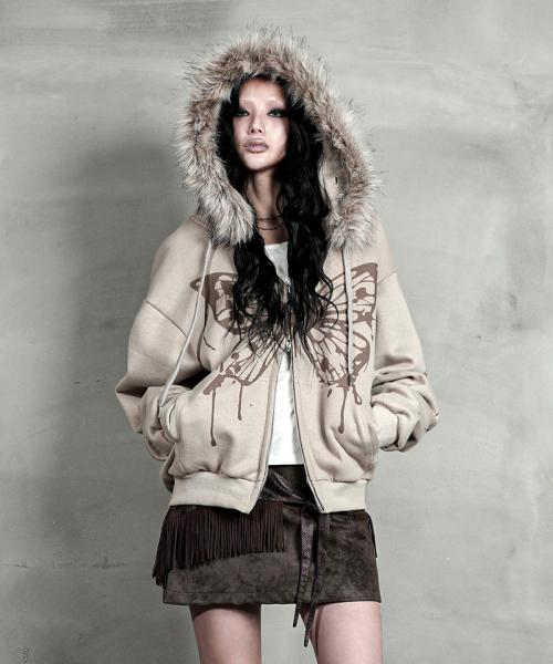 BUTTERFLY SPLATTER ZIP-UP #BEIGE(기모/퍼탈부착)