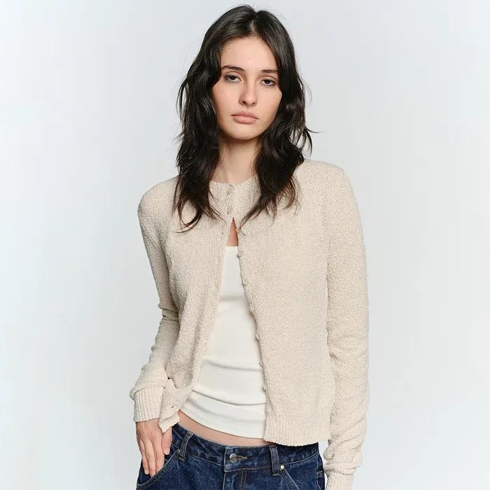 EASY BASIC ROUND NECK CARDIGAN, BEIGE