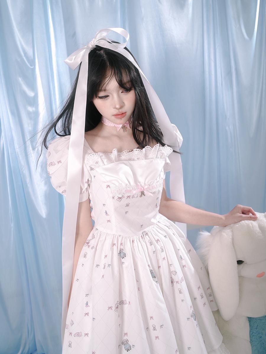 milkyhearts Cute Bear Print Puff Sleeve Lace Dress