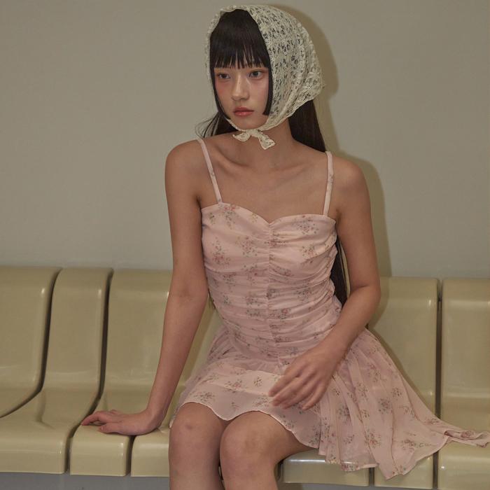 FLOWER SHIRRING ONE PIECE PINK
