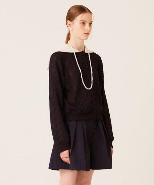 SAILOR COLLAR LINEN KNIT CARDIGAN (NAVY)
