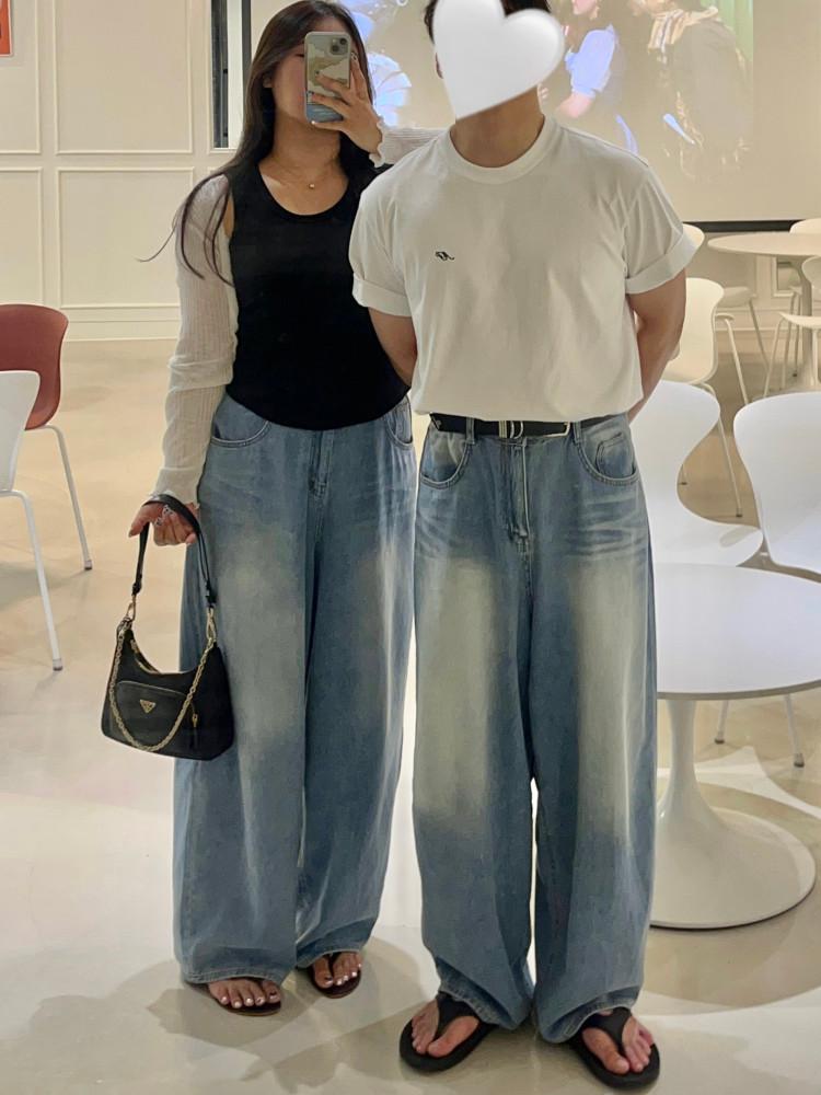 154 입고지연 [남녀공용] S-XL 히든밴딩 세미벌룬핏 루즈핏 와이드팬츠 연청