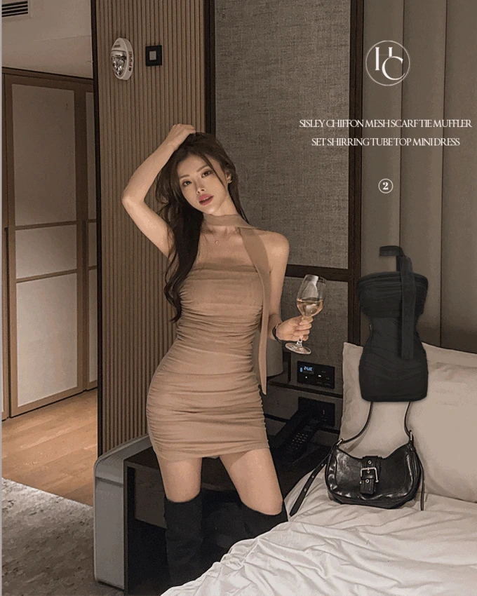 시슬리 쉬폰 망사 스카프 타이 머플러 SET 셔링 튜브탑 미니 원피스