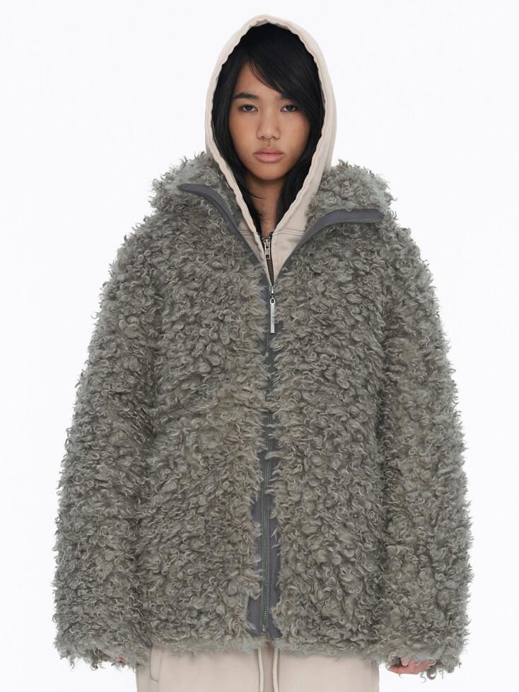 Shearling Fur Hoodie Grey
