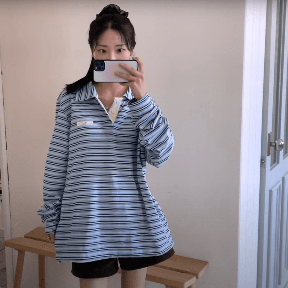 [성혜PICK]STRIPE STRING COLLAR T-SHIRT_BLUE