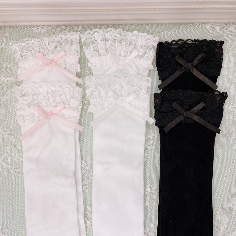 [pure]  레이스 리본 니삭스 (핑크/화이트/블랙)