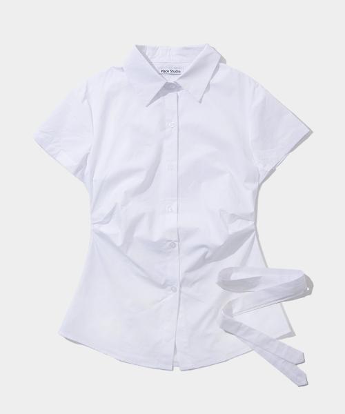 넥타이 & 핀턱 슬림핏 반팔 코튼 셔츠 세트 [화이트]