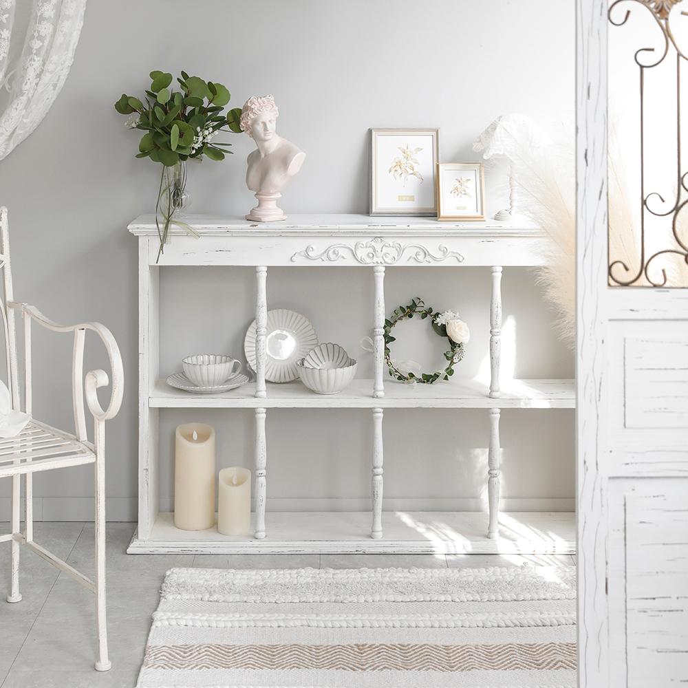 루이 프렌치 엔틱 빈티지 화이트 원목 우드 직사각 인테리어 2단 북케이스 오픈 콘솔 장식장 선반 책꽂이 낮은책장