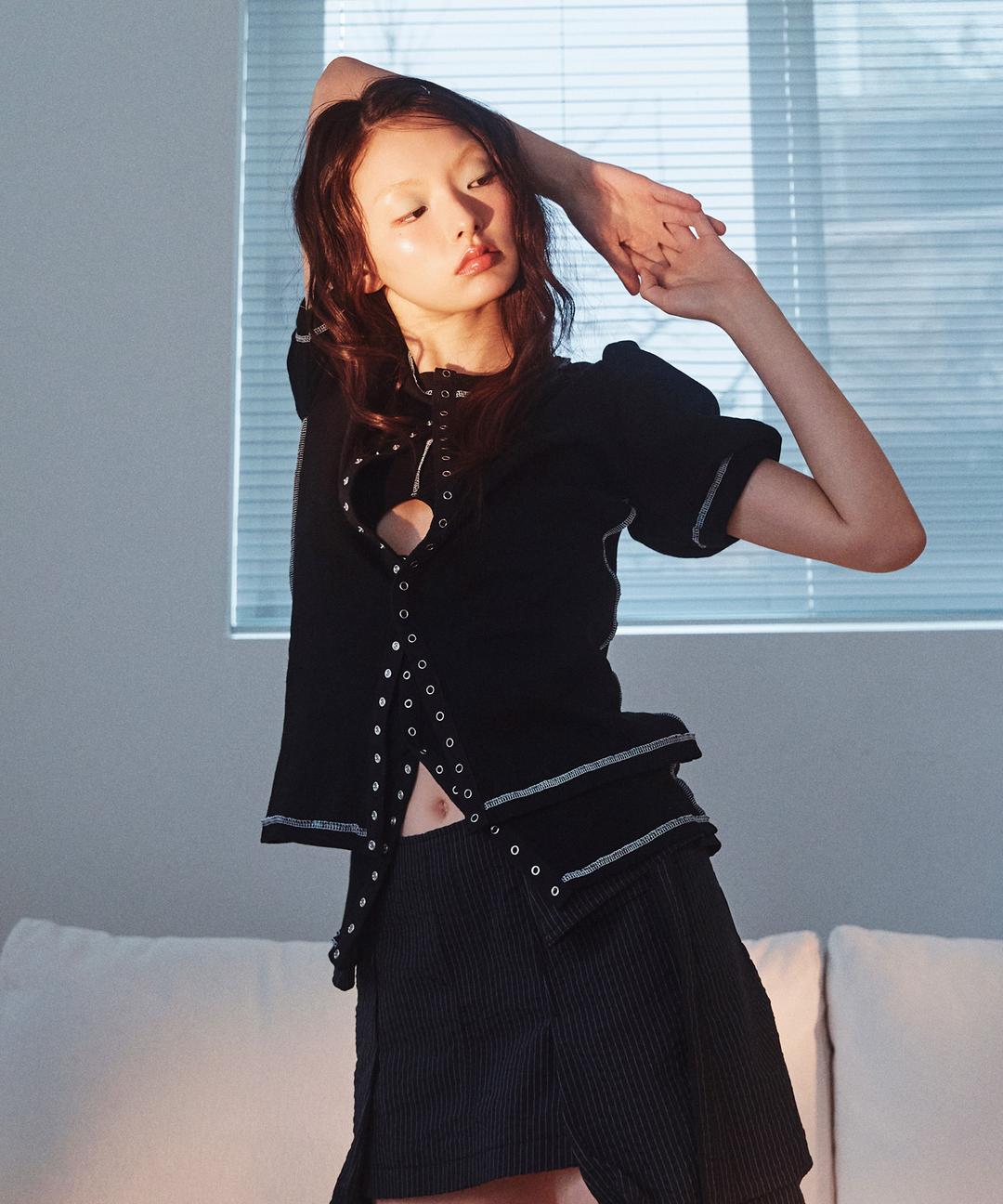 Jacquard Snap Tube Top & Cardigan –Black