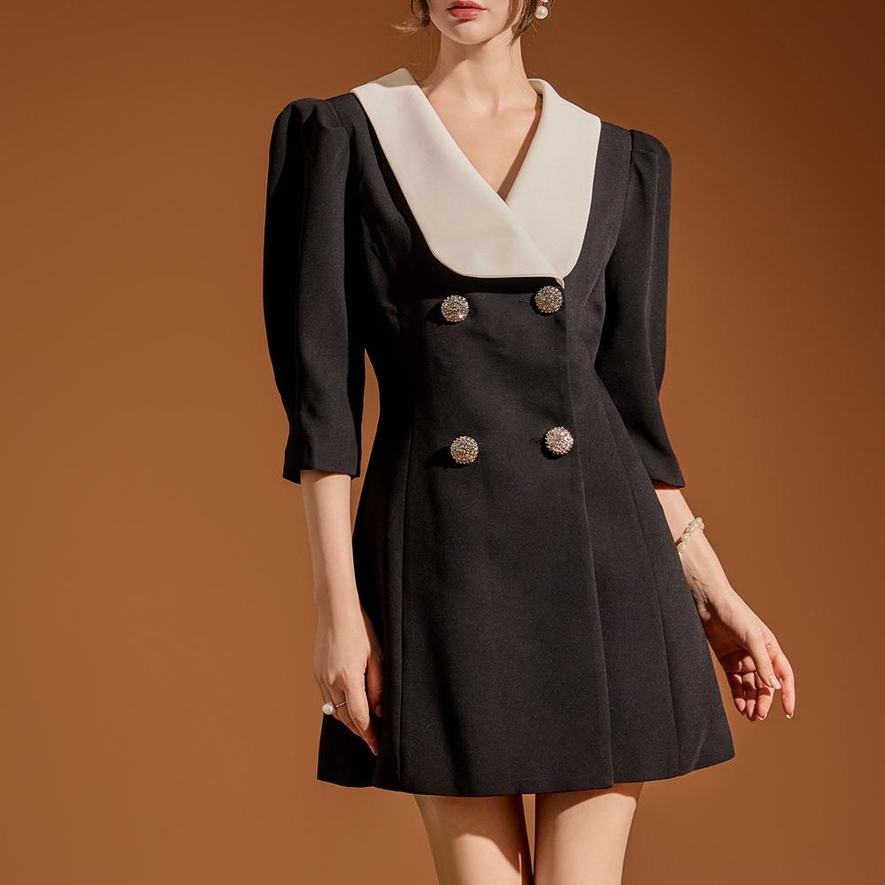 D4770 브니 더블버튼 배색 카라 미니 원피스*BLACK L사이즈 제작*(6th REORDER)