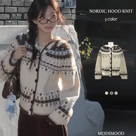[단독기획🤎/부드러워요] 빈티지 노르딕 후드 니트 가디건 - 3color