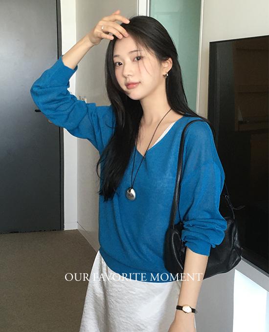 메리어라운드 [살안타템][여름니트][ofm] 소르베 린넨 브이넥 니트 (knit)(린넨12%)(라이오셀28%)