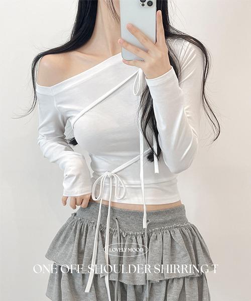 [리본스트랩 🎀 발레코어]여리핏 원숄더 리본티, 리본 스트랩 원 오프숄더 셔링 슬림핏 긴팔 티셔츠 긴팔티(3color)