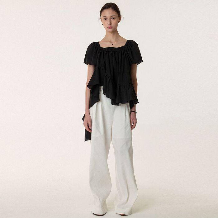 Square Neck Ruffle Blouse Black