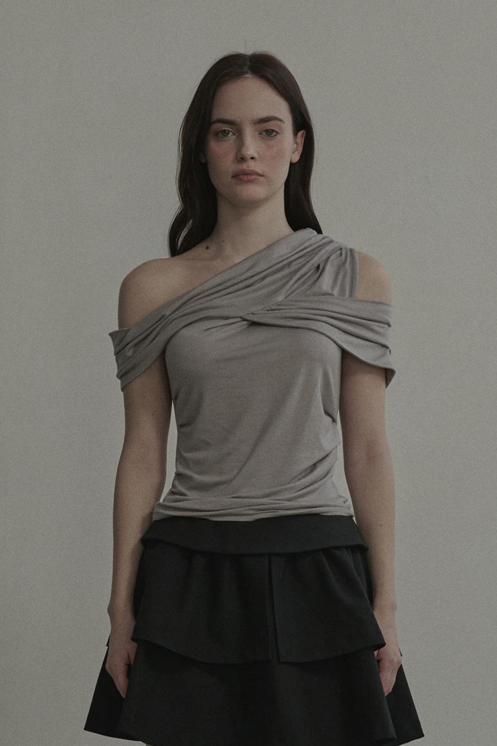 Tide Draped Off Shoulder T-shirt-Charcoal