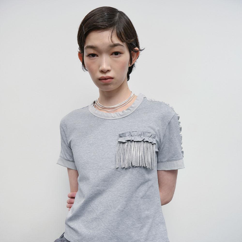 Shirred Fringe Trim Top [Gray]